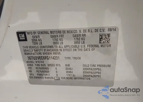 2015 GMC Sierra 1500 Slt из США, поврежденный, VIN 3GTU2VEC6FG114231